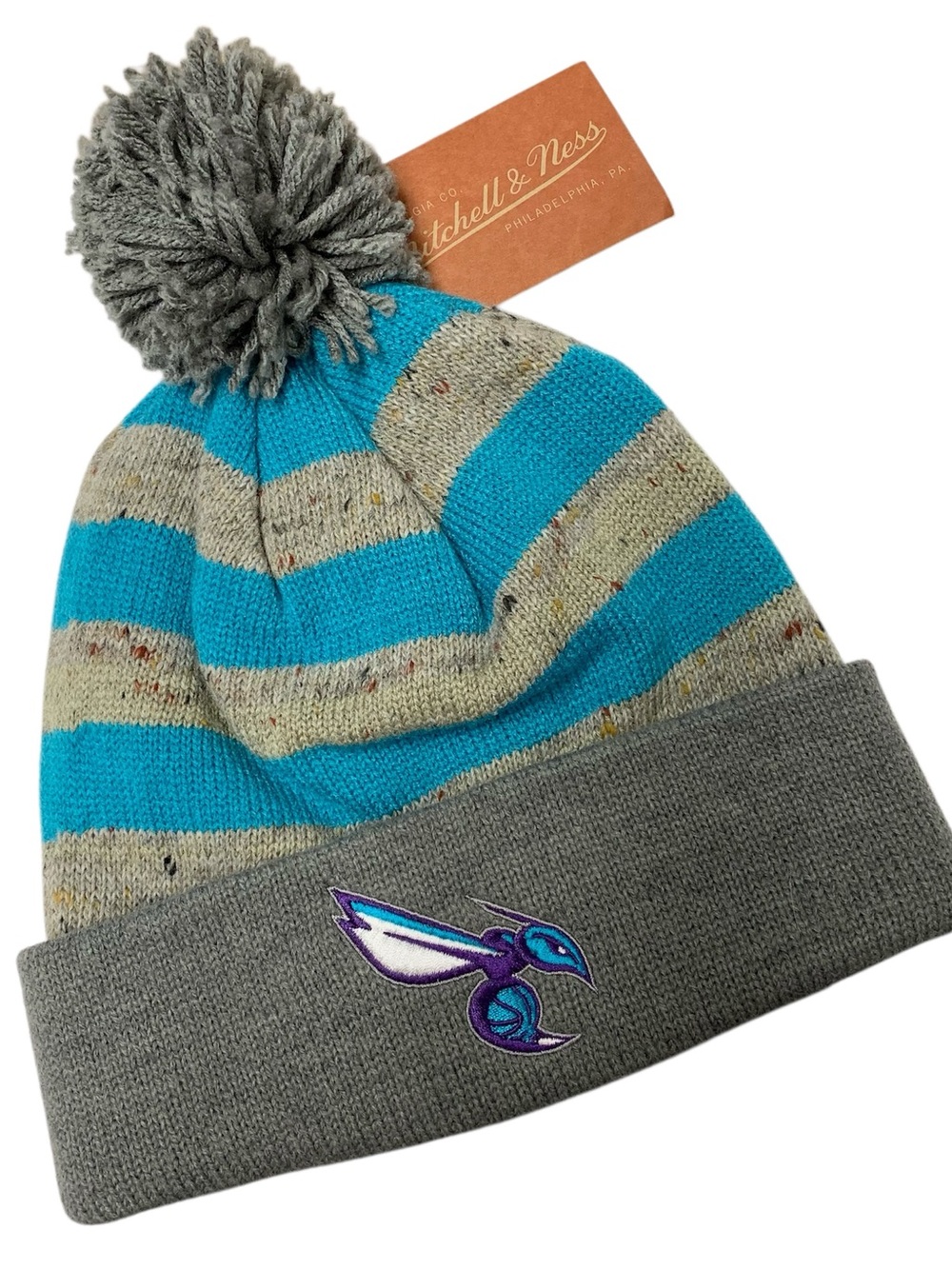 Mitchell & Ness NBA Charlotte Hornets Winter Hat Beanie Striped Pom Adult OSFM